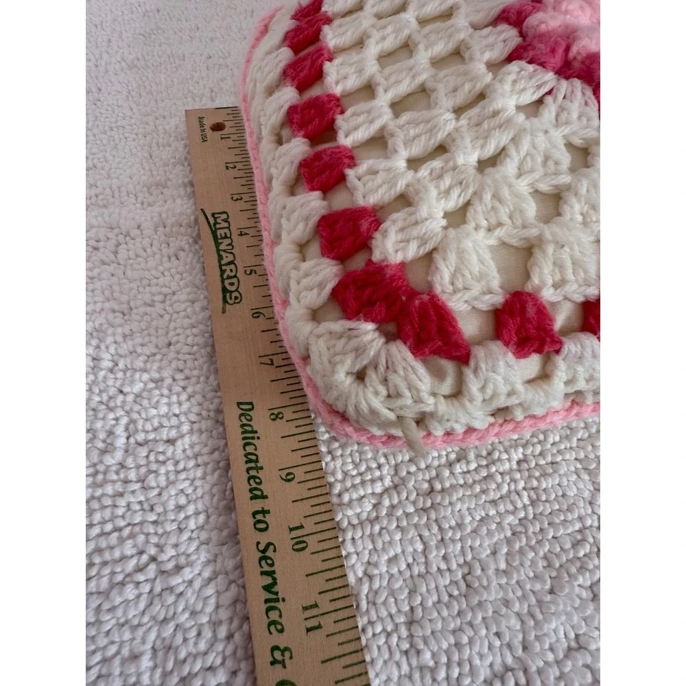 Vintage‎ Crochet Granny Square Pillow Pink Floral Cottagecore Grannycore BOHO